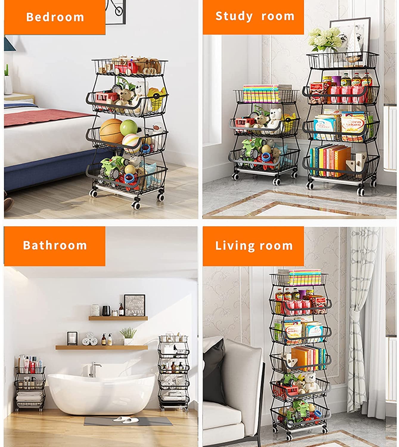 KOLENSA Metal Wire Baskets with Wheels, Stackable Storage Bins Kitchen Organizer Shelf 3-4-5-6 Tier