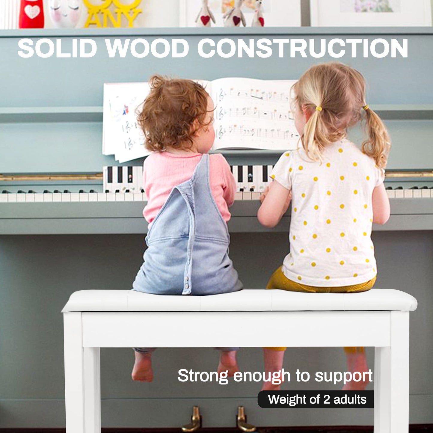Wooden Duet Piano Bench with Padded Cushion and Storage Compartment, White