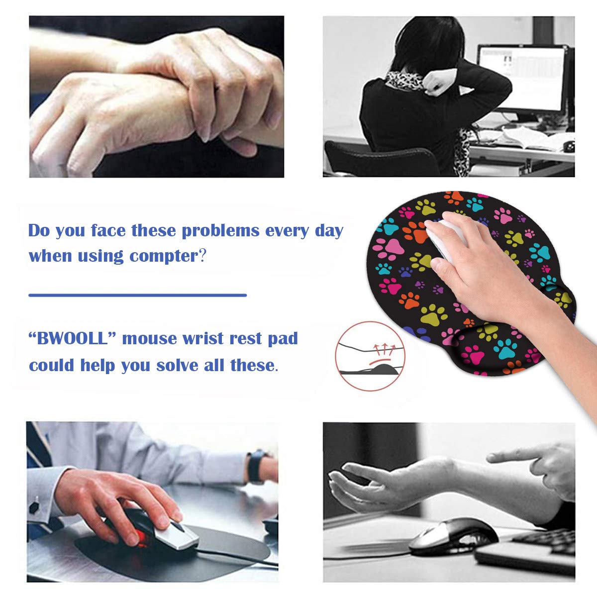 BWOOLL Ergonomic Mouse Pad Wrist Support and Coasters Set, Cute Wrist Rest Pad with Non-Slip PU