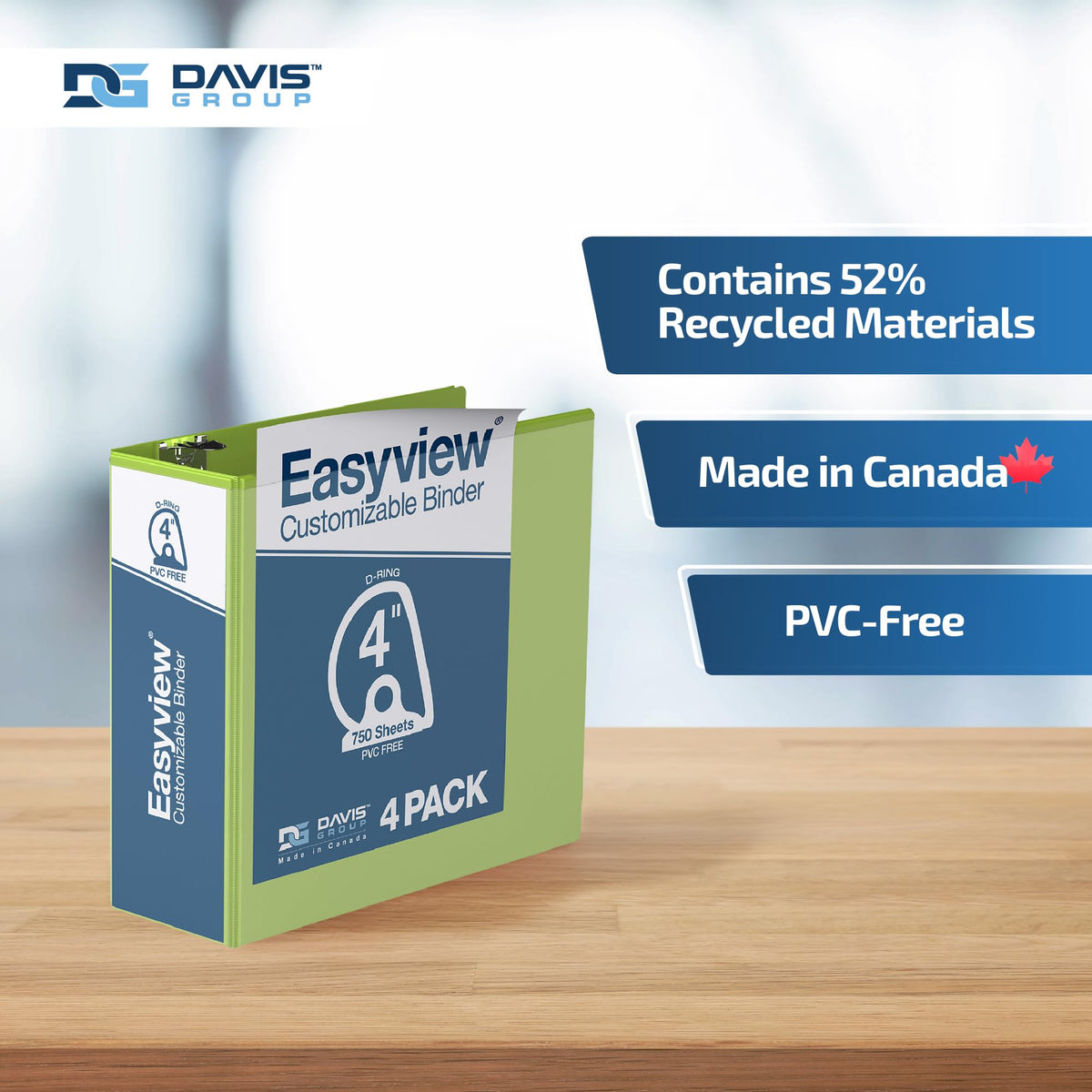 Easyview 3-Ring Binder, Clear-View Cover, 4" D Rings, Lime Green, 4 Pk