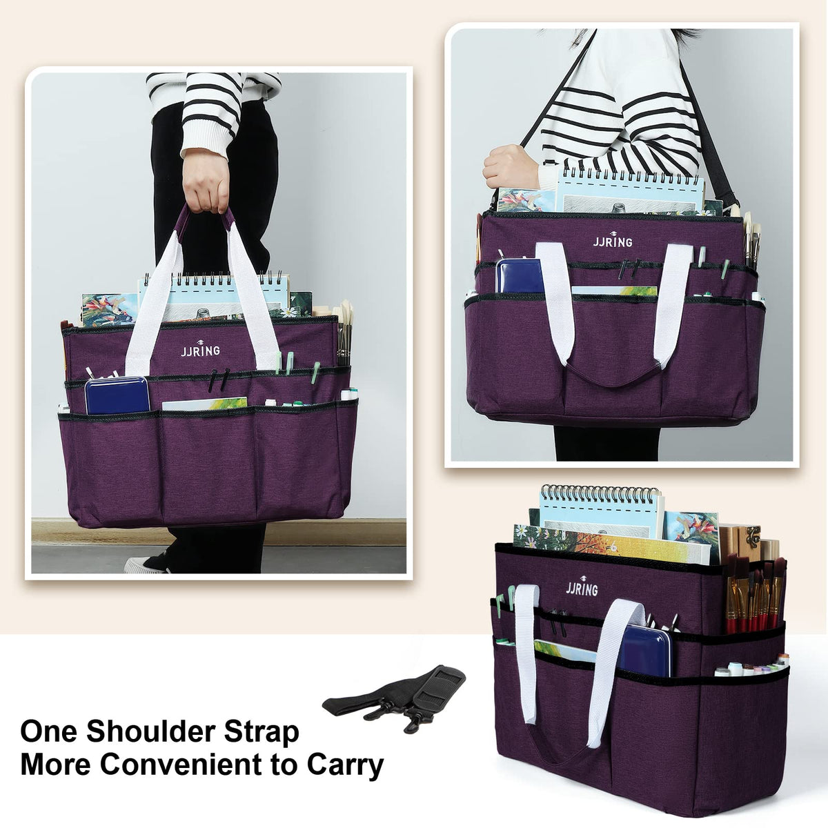JJRING Craft Organizer Tote Bag Large Art Storage Caddy Deep Purple