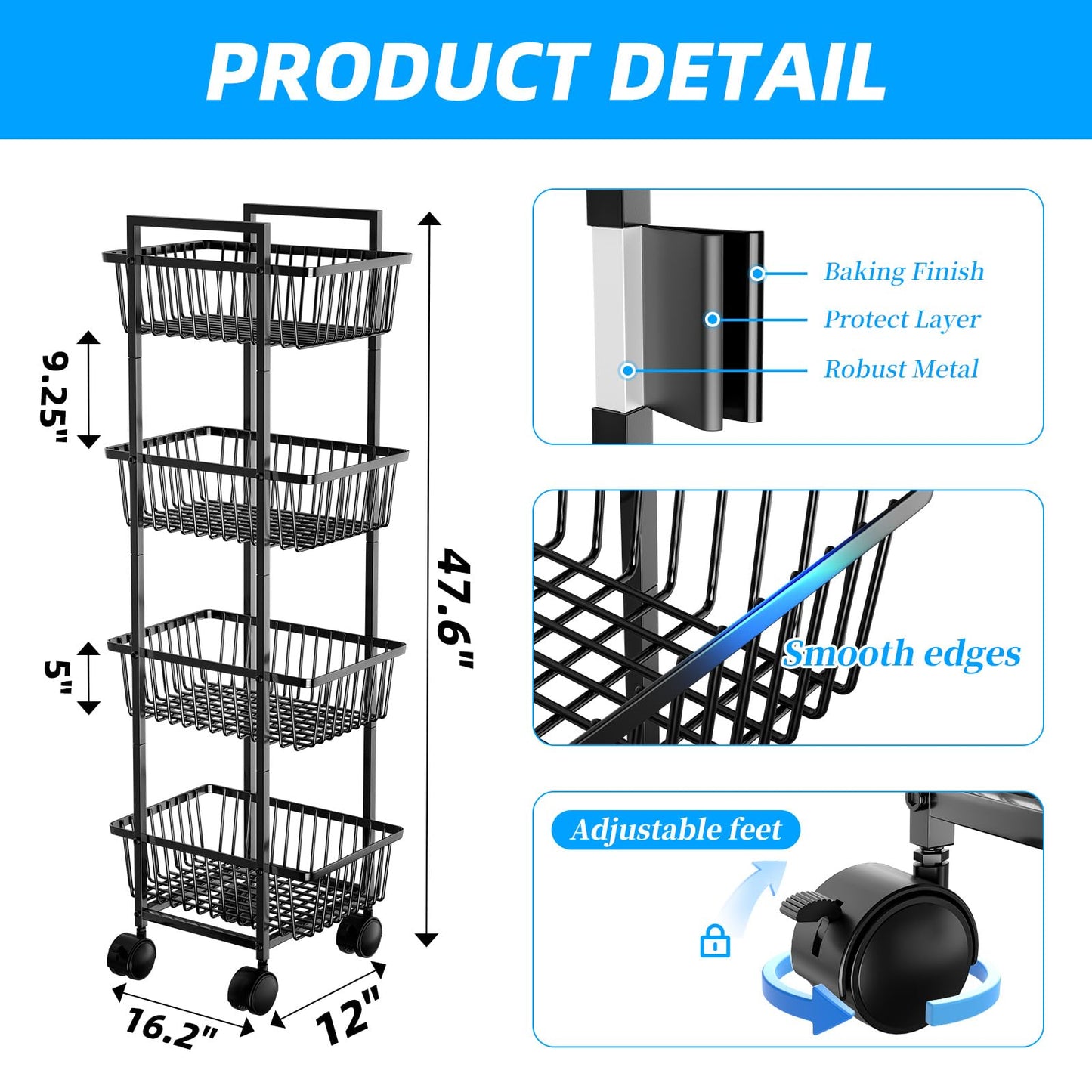 Simple Trending 4 Tier Rolling Fruit Vegetable Basket Cart, Black