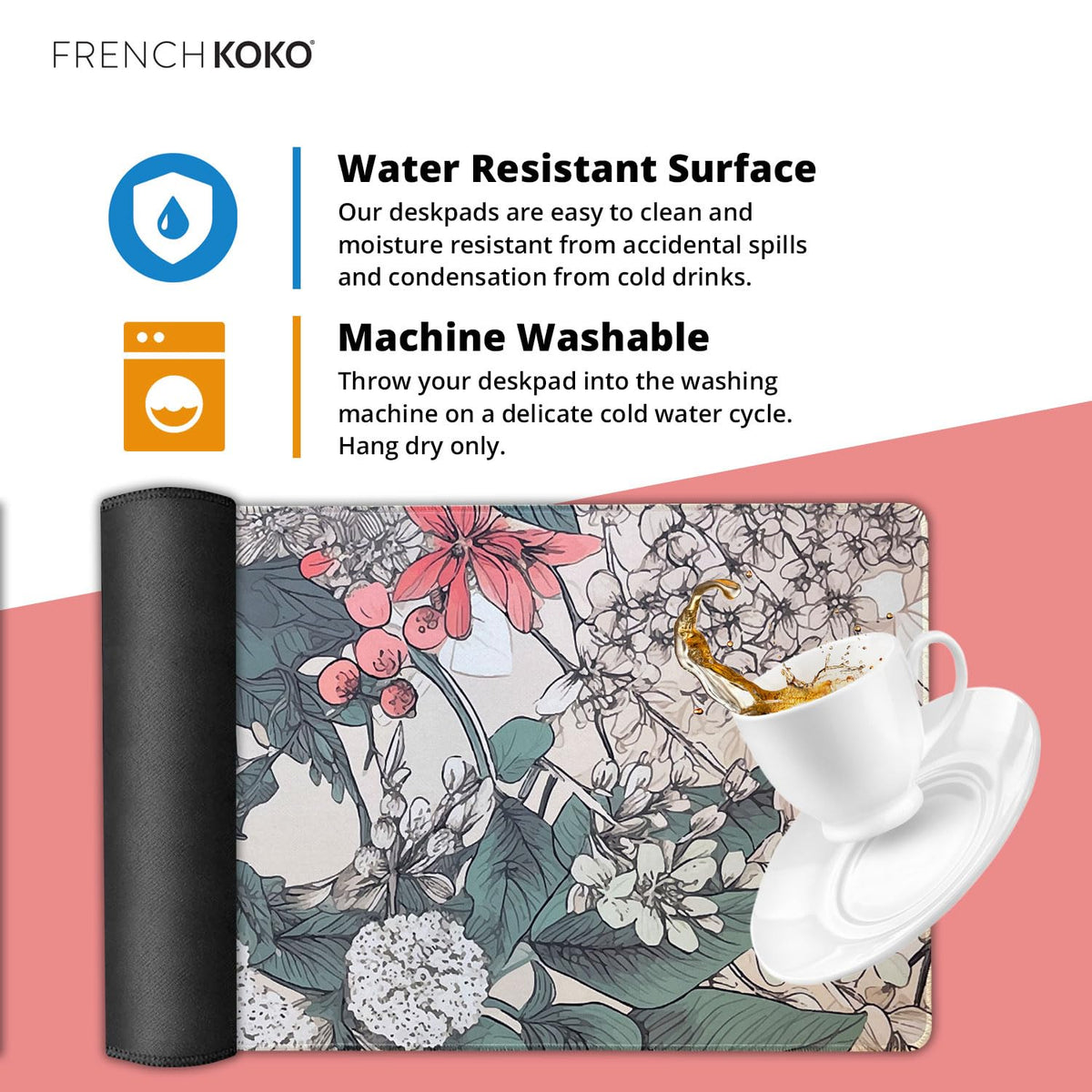 French KOKO Large Desk Mat 36" x 16.5" – Botanical Floral Mouse Pad for Keyboard & Mouse – Non-Slip