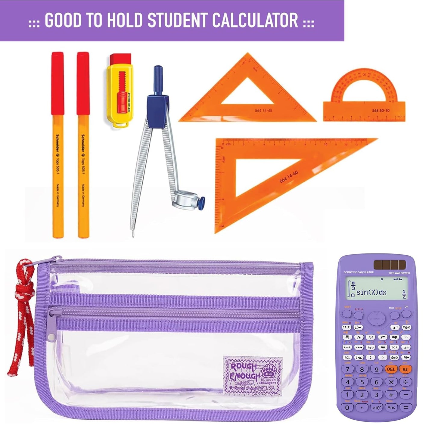 Rough Enough Clear Pencil Case for School, 60+ Pencils Capacity, Purple