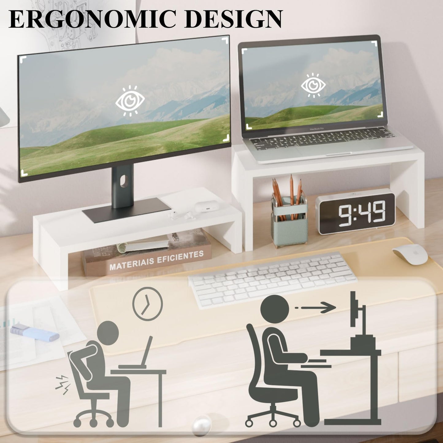 TEAMIX 2-Pack White Monitor & Laptop Stand Riser, High-Low Dual Monitor Set