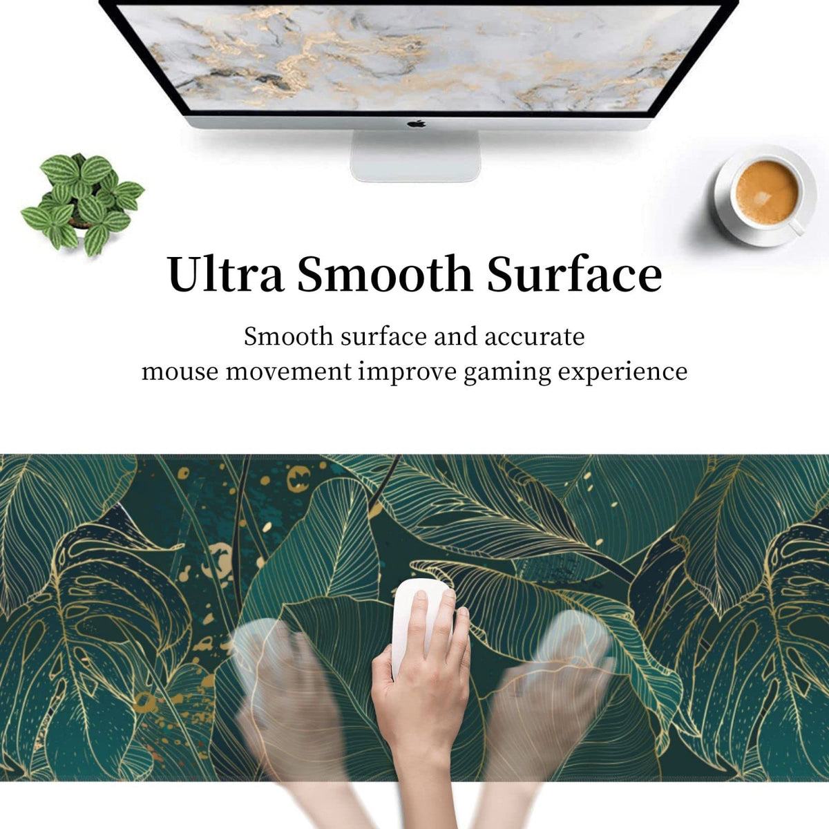 Tropical Monstera Leaves Gold Green XXL XL Large Gaming Mouse Pad for Desk, Non-Slip Long Extended