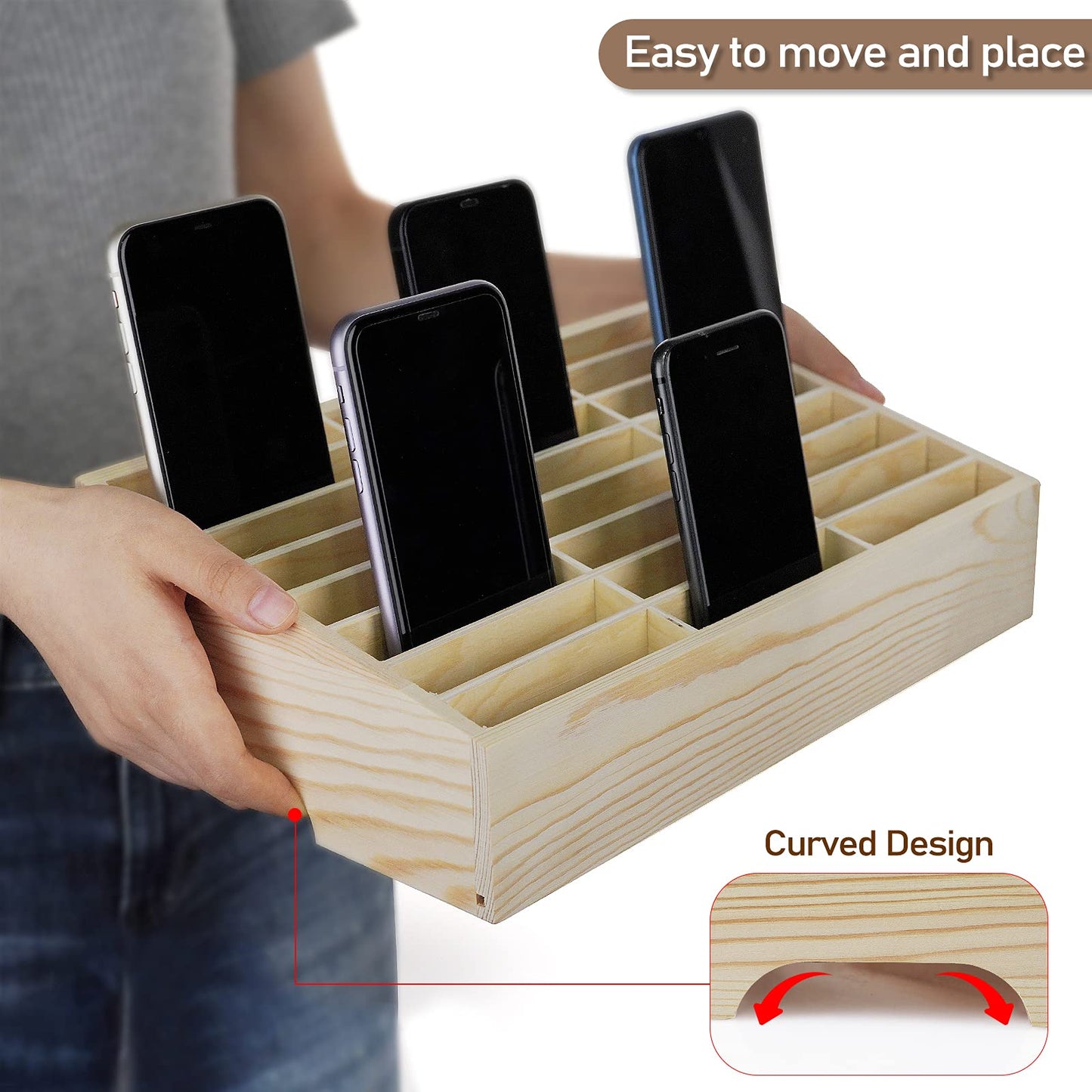 Ozzptuu 24-Grid Wooden Cell Phone Holder Desktop Organizer