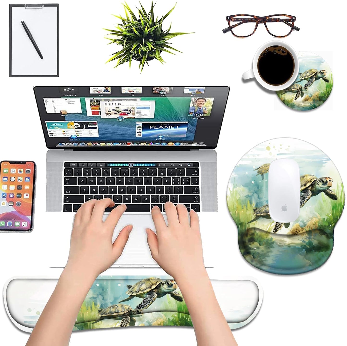 LOWORO Keyboard Wrist Rest and Mouse Pad Wrist Support Set with Coasters, Non-Slip PU Base