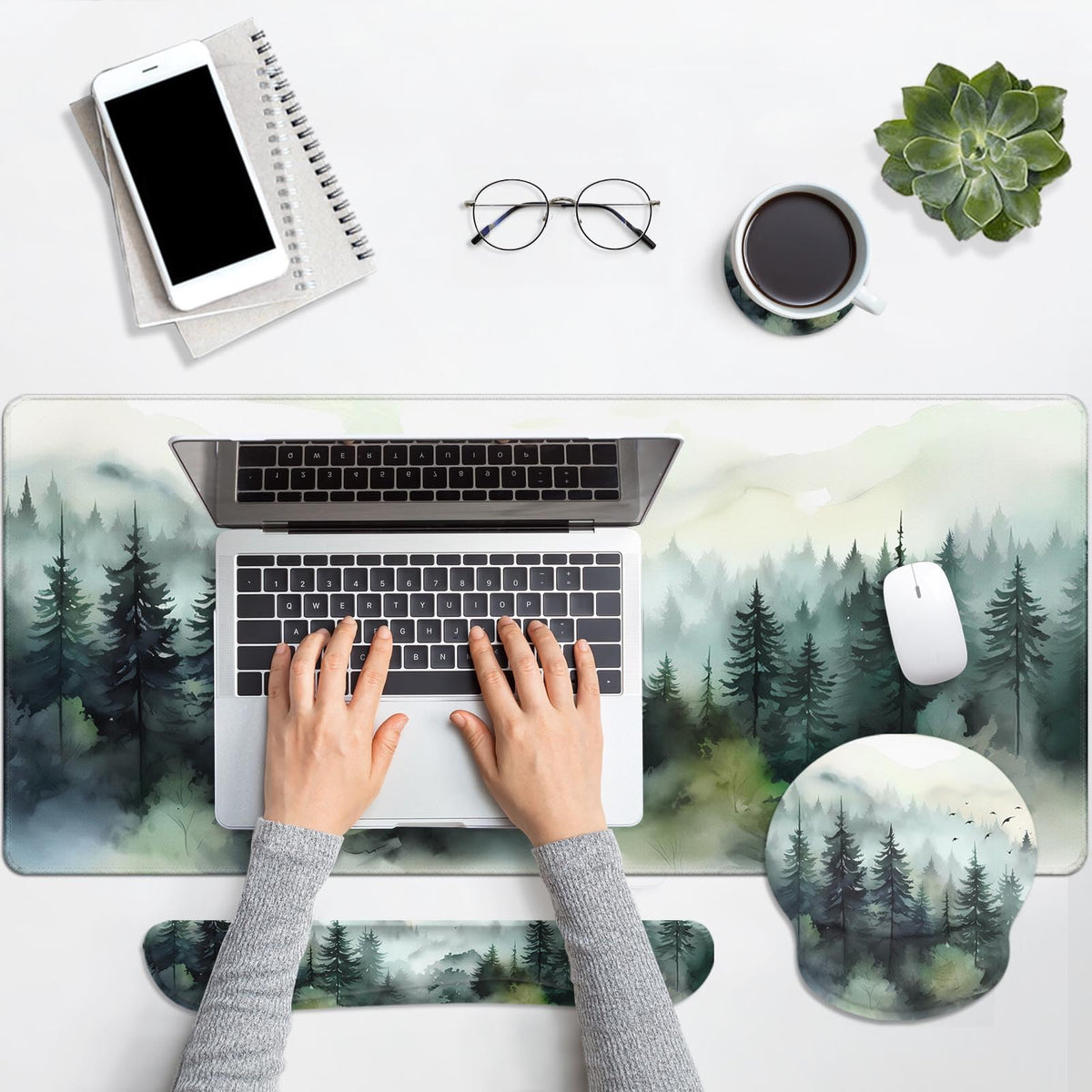 Britimes Keyboard Mouse Pad Set, 4 in 1 Desk Mat Set, Mountain Forest