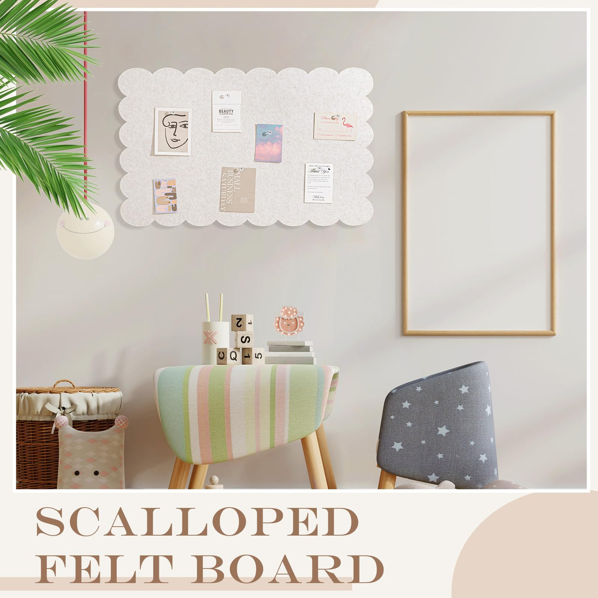 Mooliwe Scalloped Felt Bulletin Cork Board Foldable Beige 36 * 18 Inch