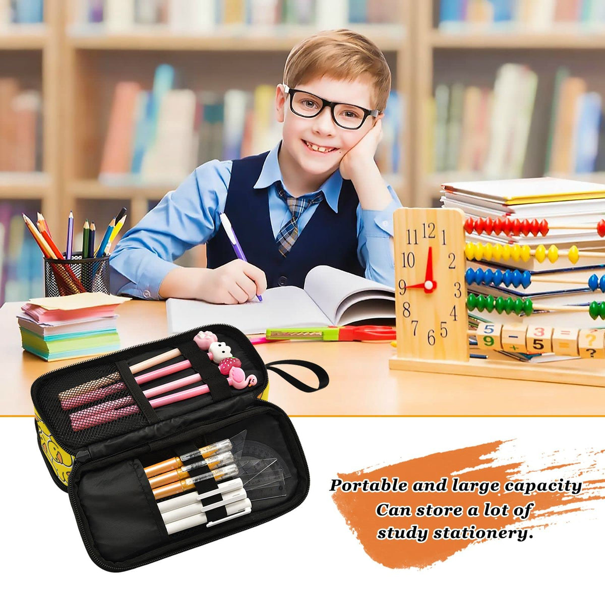 Sletend Pencil Case Yellow Duck Cartoon 3 Compartments Pencil Pouch
