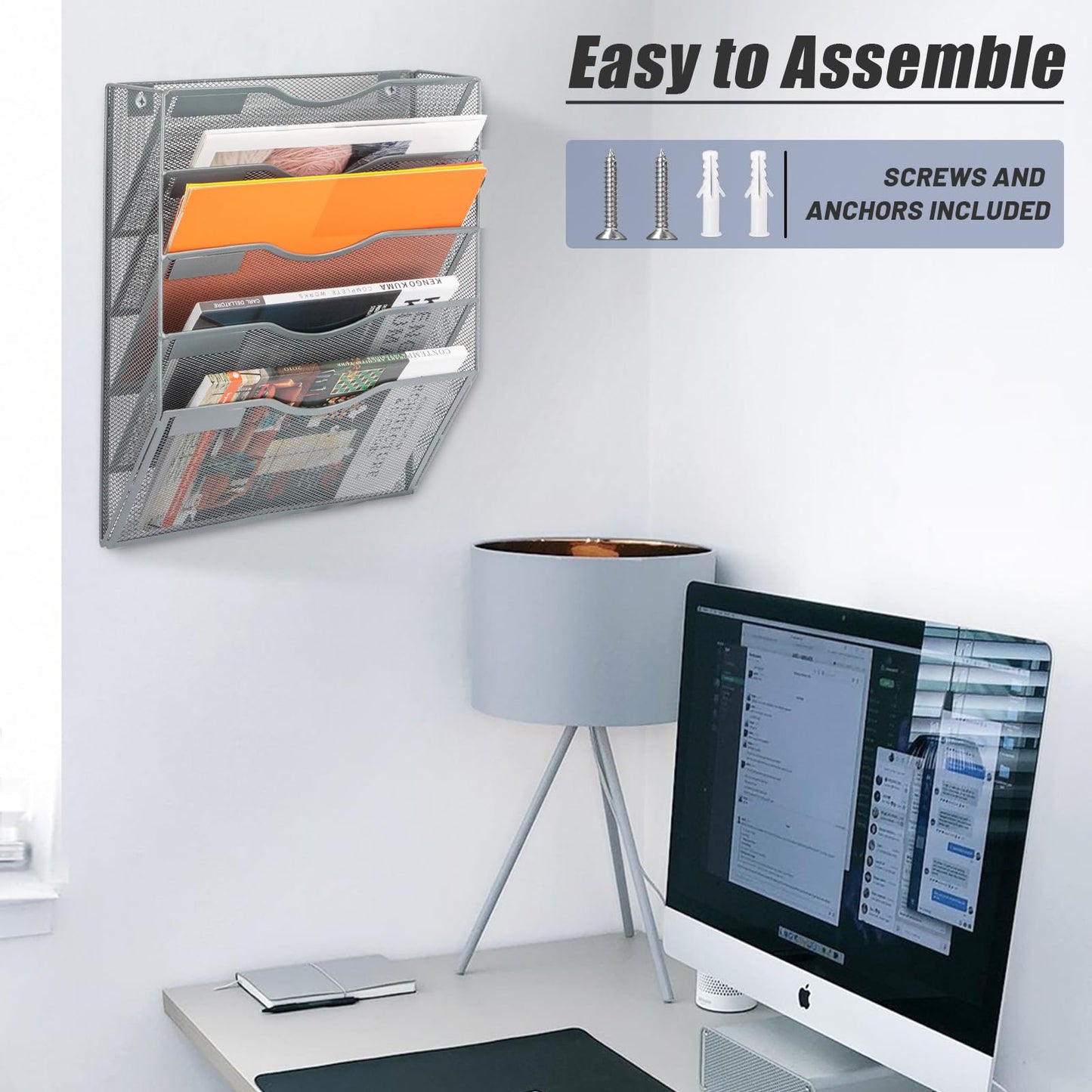 EASEPRES 5 Pocket Mesh Hanging Wall File Organizer, Wall Mounted Mail Paper Document Folder Holder