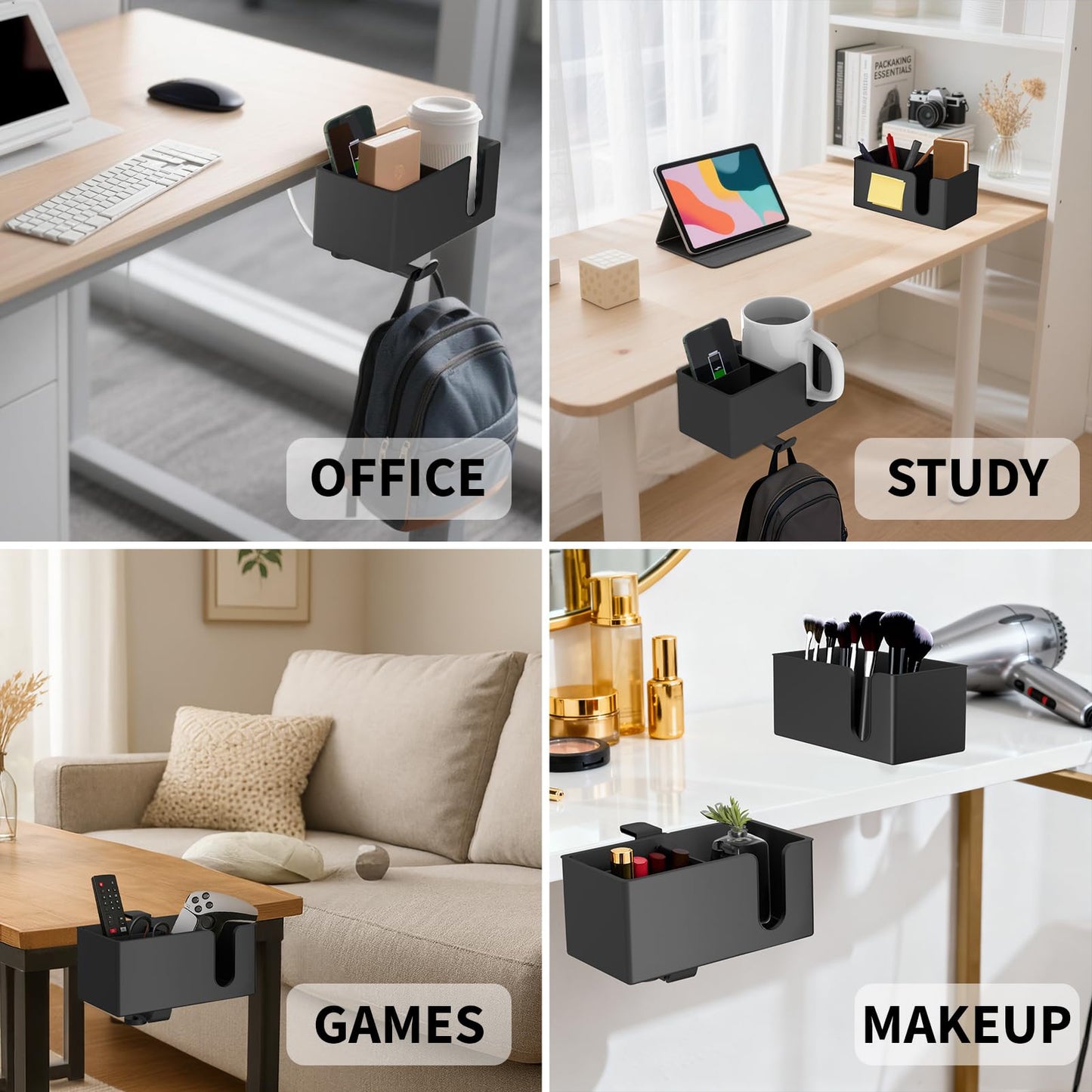 Anti-Spill Large Desk Cup Holder Clamp, Pencil Holder & Phone Stand (Black)