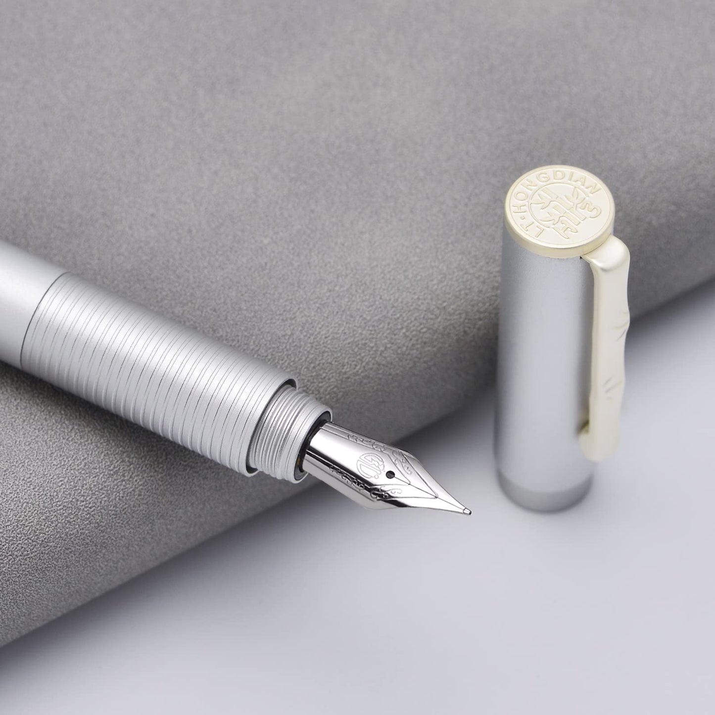 Hongdian H3 Fountain Pen Fine Nib with Bamboo Pen Clip, Silver Aluminum Alloy Writing Pen