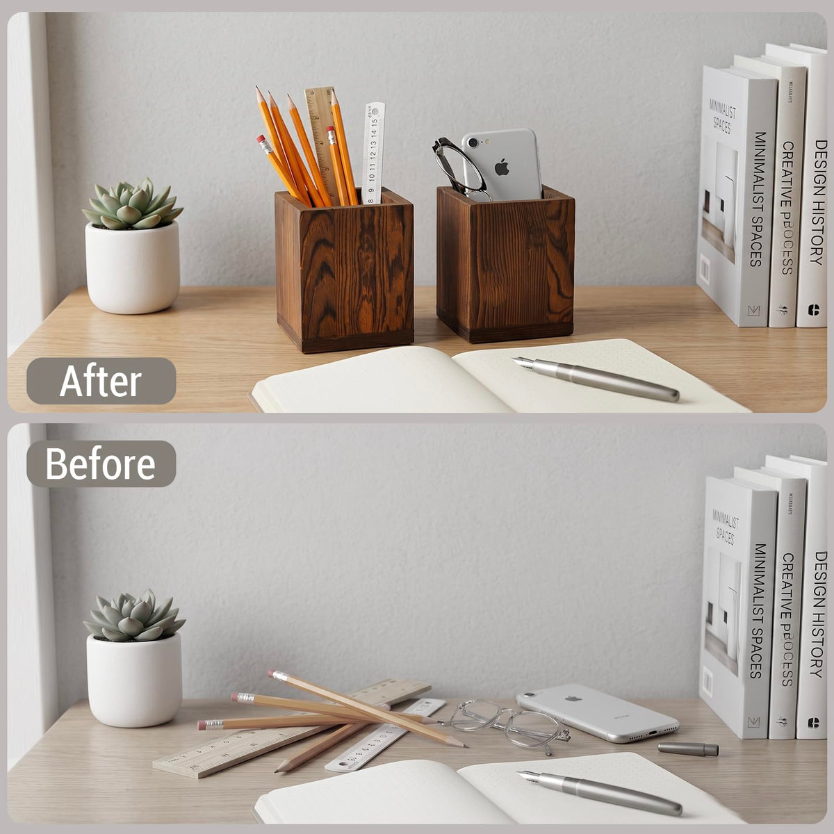 MyGift 2pc Natural Wood Pen Holder Pencil Cup, Desktop Organizer