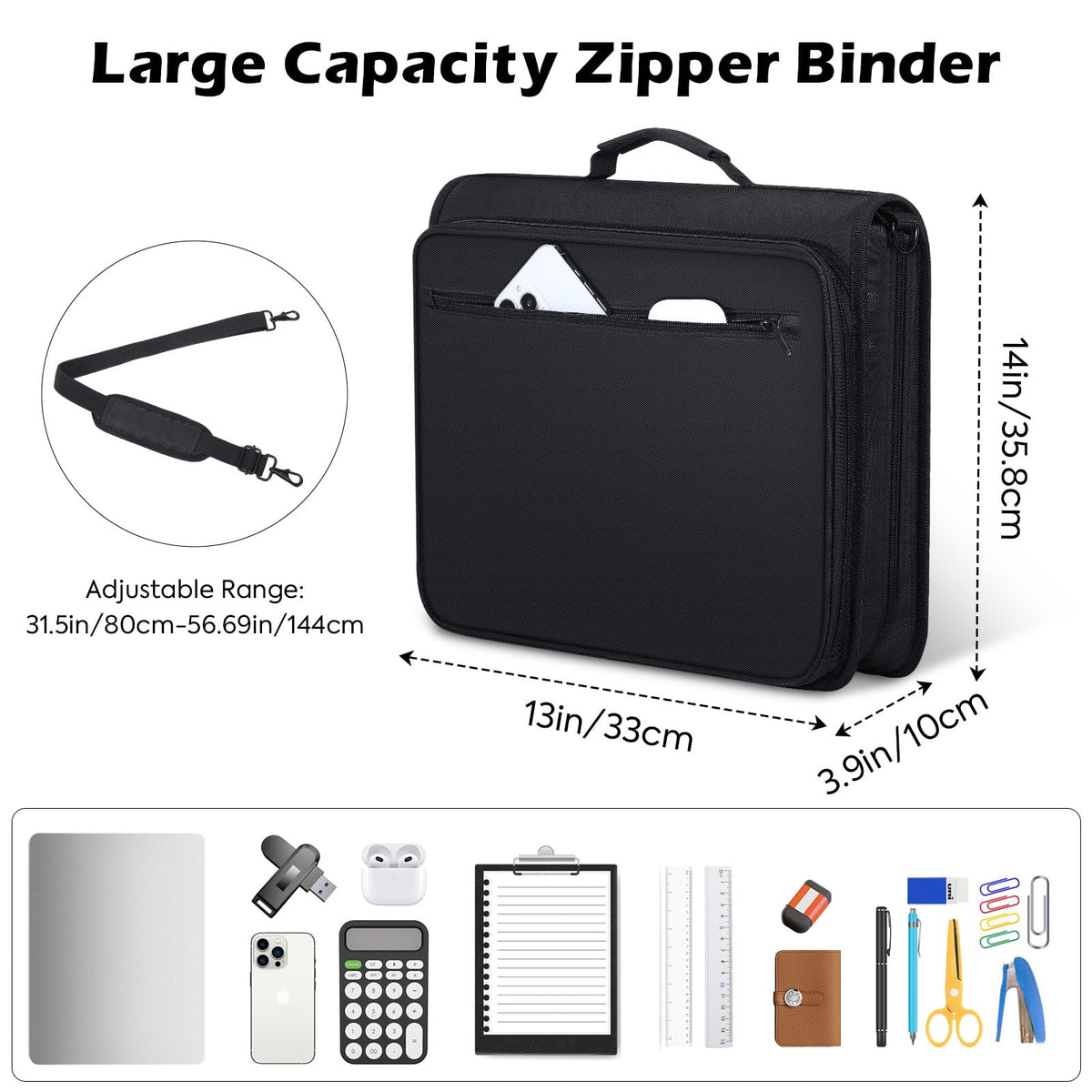 MoKo Zipper Binder, 2-Inch 3-Ring, 500 Sheets, 5-Tab File Folders, Black