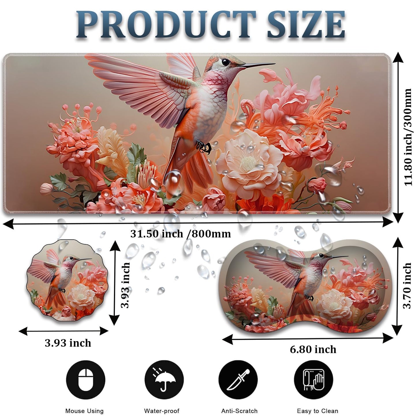 HTTYYTRYT 3-Piece Hummingbird Pink Mouse Pad Set, Including Wrist Support Pad and Cup Holder, with