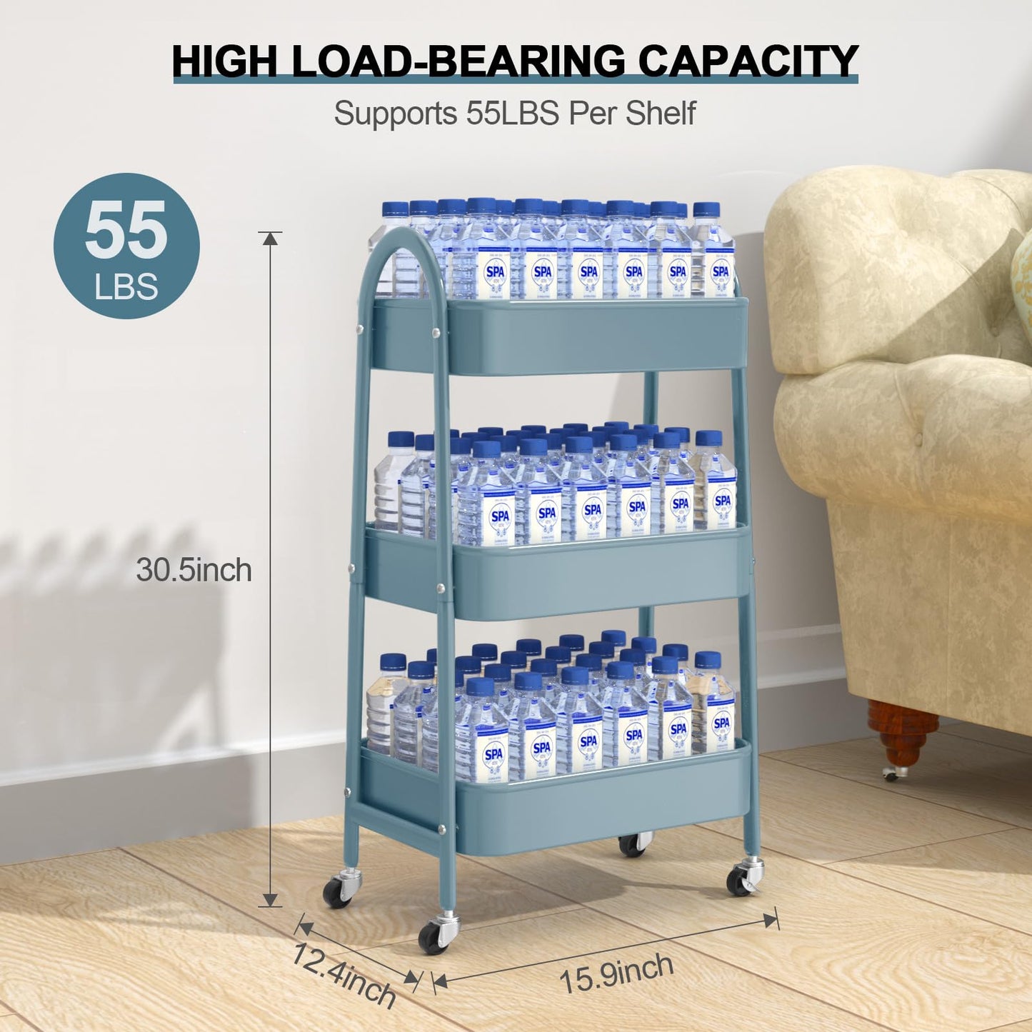 3 Tier Utility Rolling Cart, EAGMAK Metal Storage Cart with Handle and Lockable Wheels