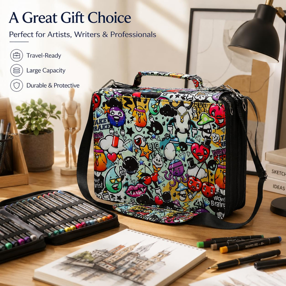 Lbxgap 168-Slot Marker Organizer Bag, 3-Layer Case with Strap