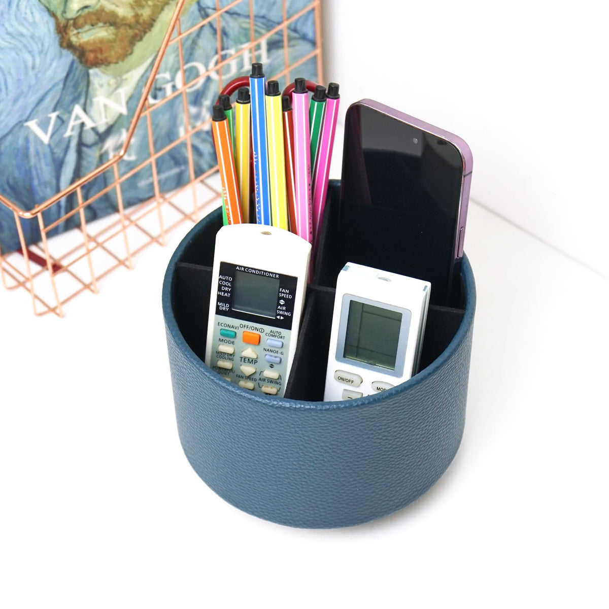 Hennaja Round Leather Art Supply Organizer,Remote Control Holder,360 Degree