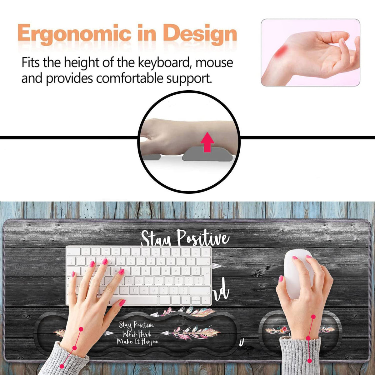 Ergonomic Keyboard Wrist Rest & Mouse Pad Wrist Rest Set, Stay Positive Work Hard and Make It