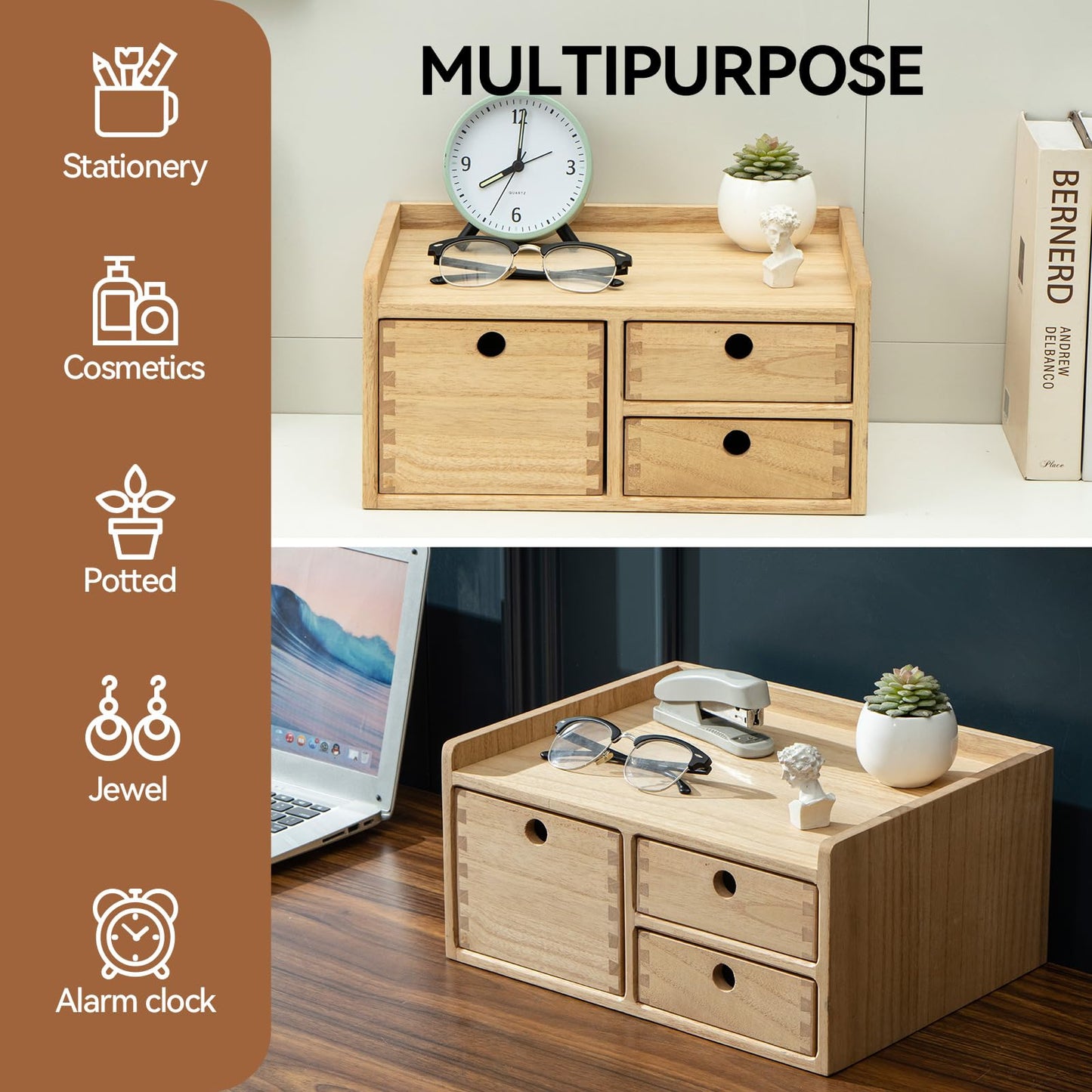 KIRIGEN Wooden Desk Organizer with 3 Drawers and Top Tray Natural DT1D3C-NA
