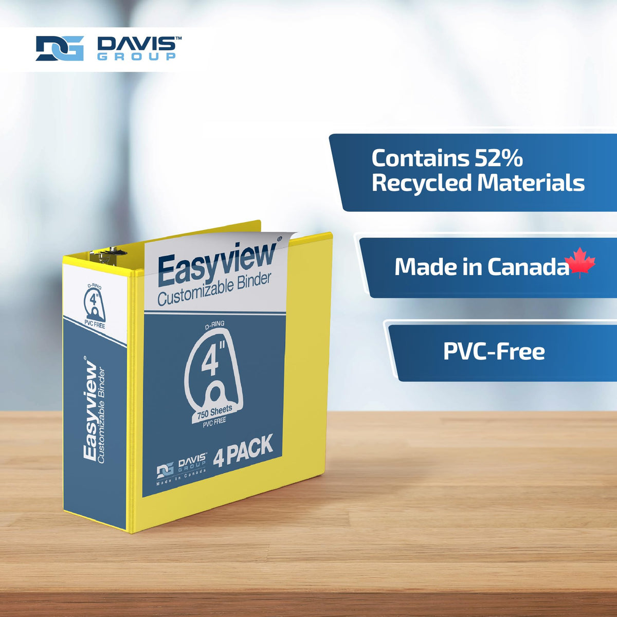 Easyview 3-Ring Binder, Clear-View Cover, 4" D Rings, Yellow, 4 Pack