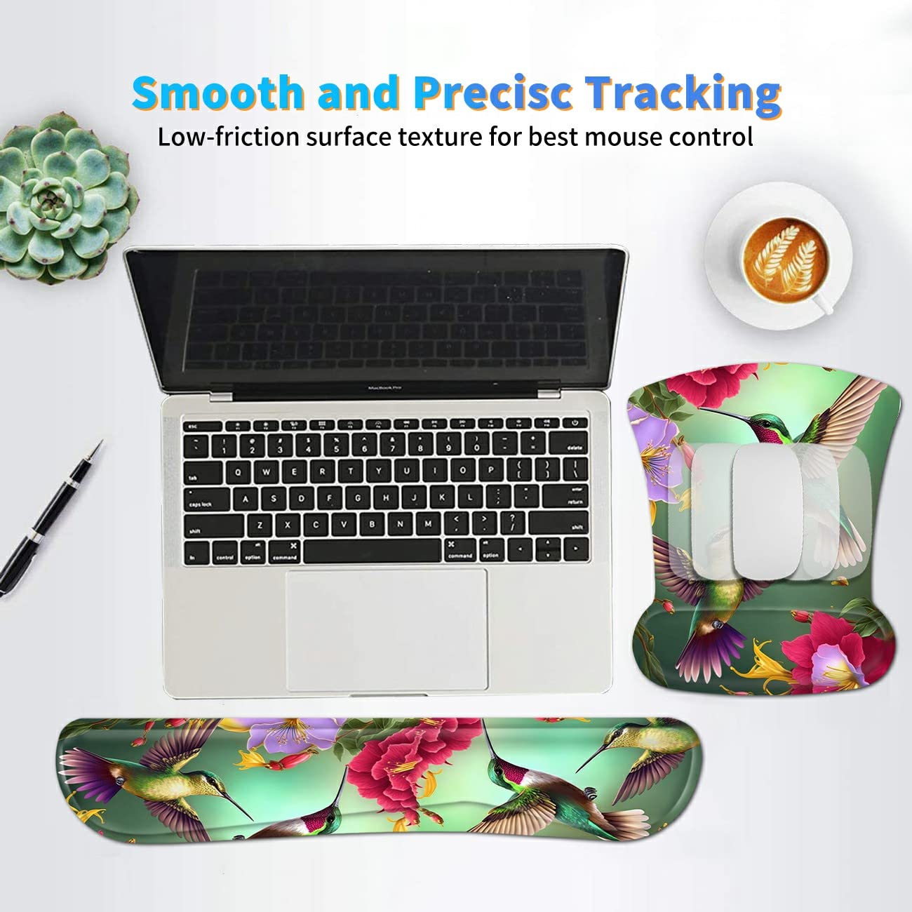 3Pcs Ergonomic Memory Foam Keyboard Wrist Rest Pad Set, Floral Hummingbird