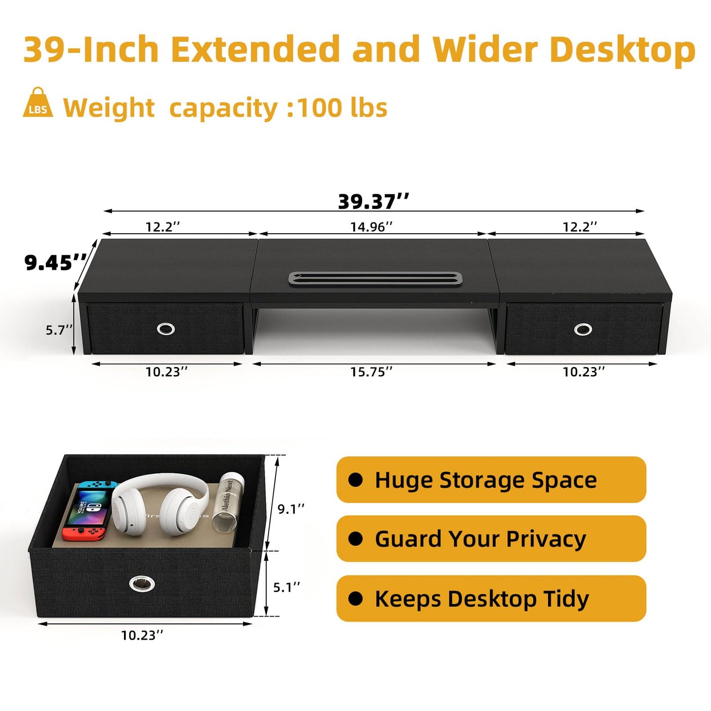 39 Inch Dual Monitor Stand Riser with 2 Drawers - Large Black Wooden Computer Stand for 2 Monitors