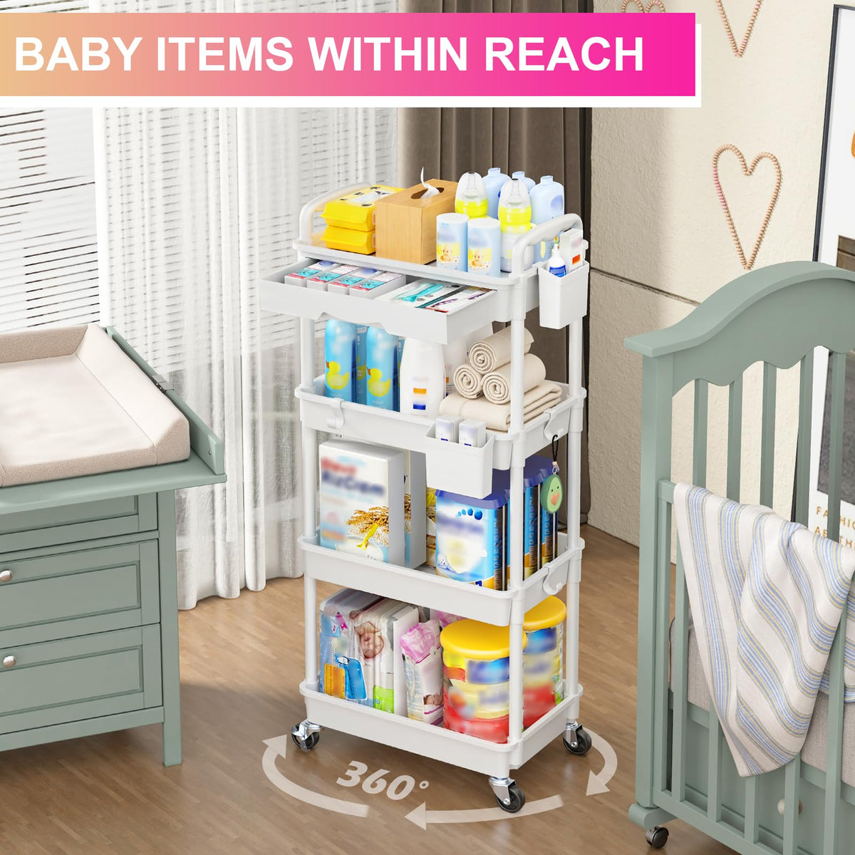 Goovilla 4 Tier Rolling Utility Cart Organizer with Removable Drawer, White
