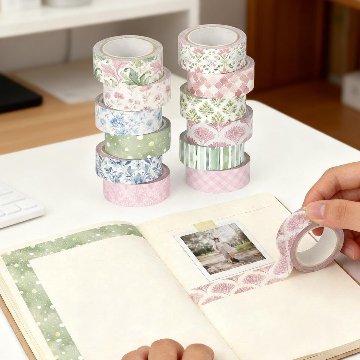 YooNotee 12 Rolls Floral Washi Tape Set,Pink,Blue and Green,Garden