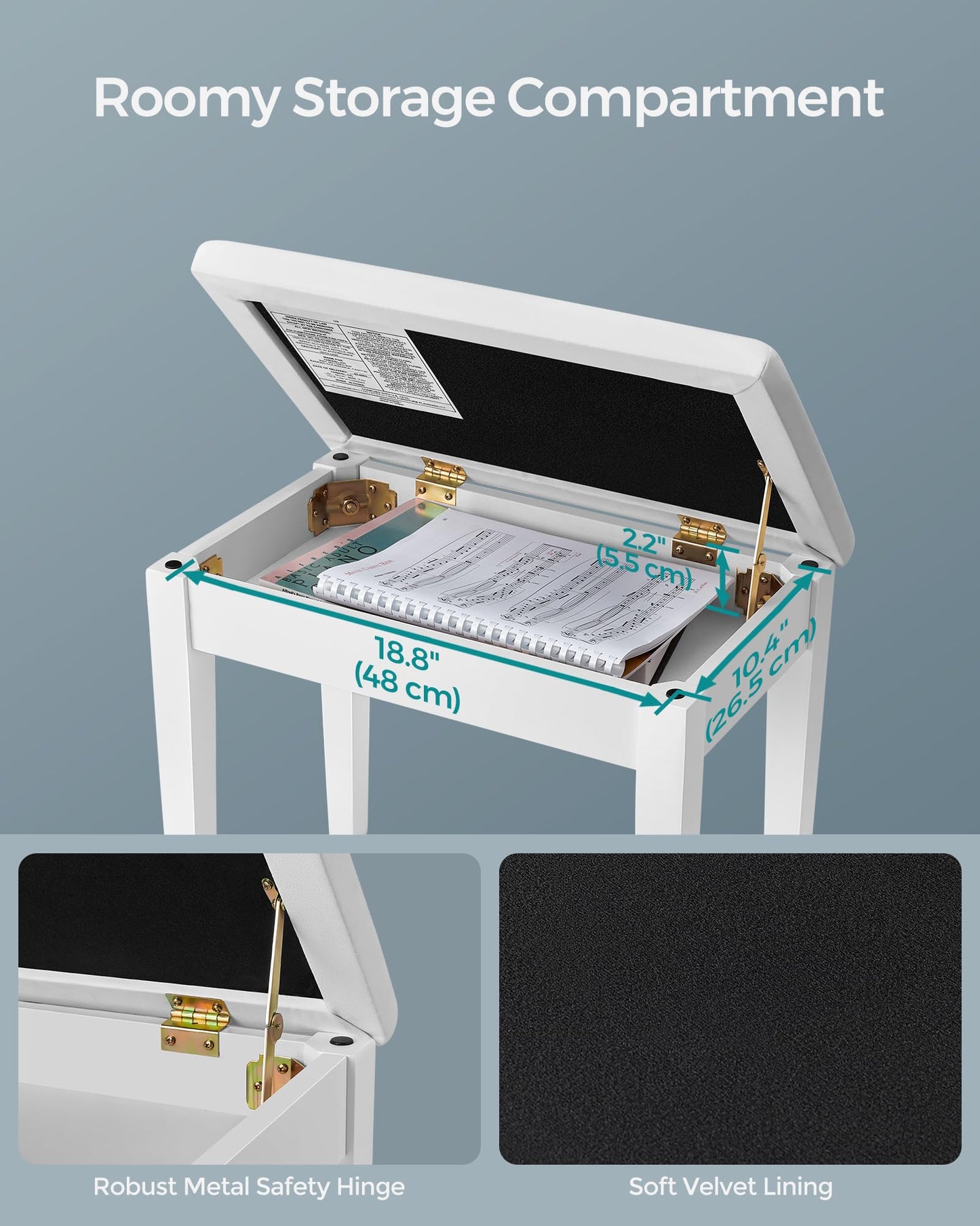 SONGMICS Wooden Piano Bench with Padded Cushion and Storage Compartment