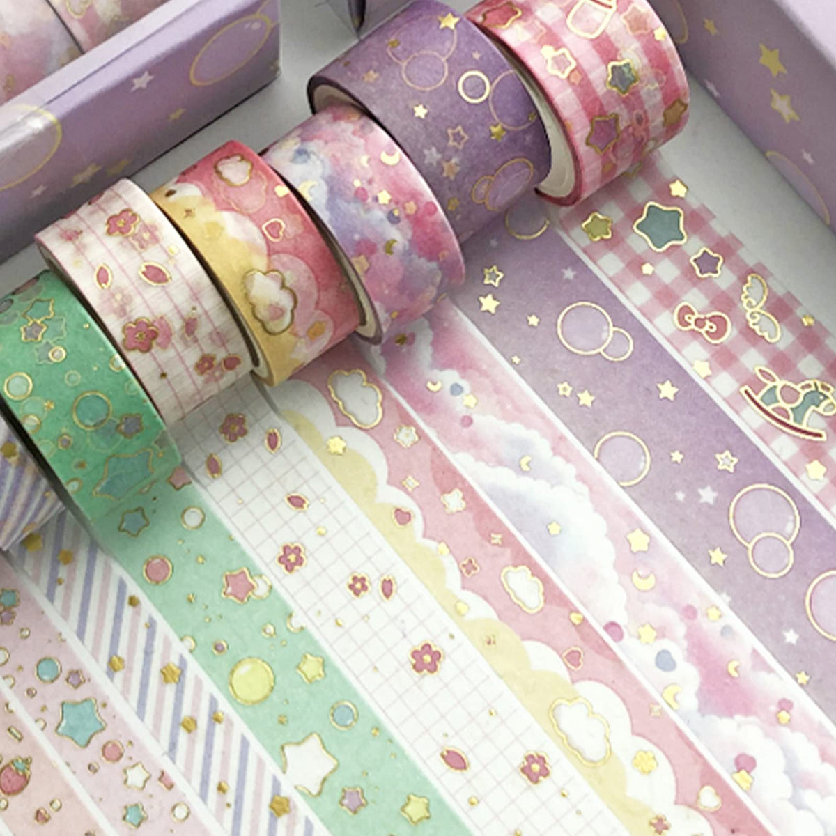 YUBX Creative Washi Tape Set 10 Rolls Gold Foil Print Decorative Masking Tapes for Arts, DIY