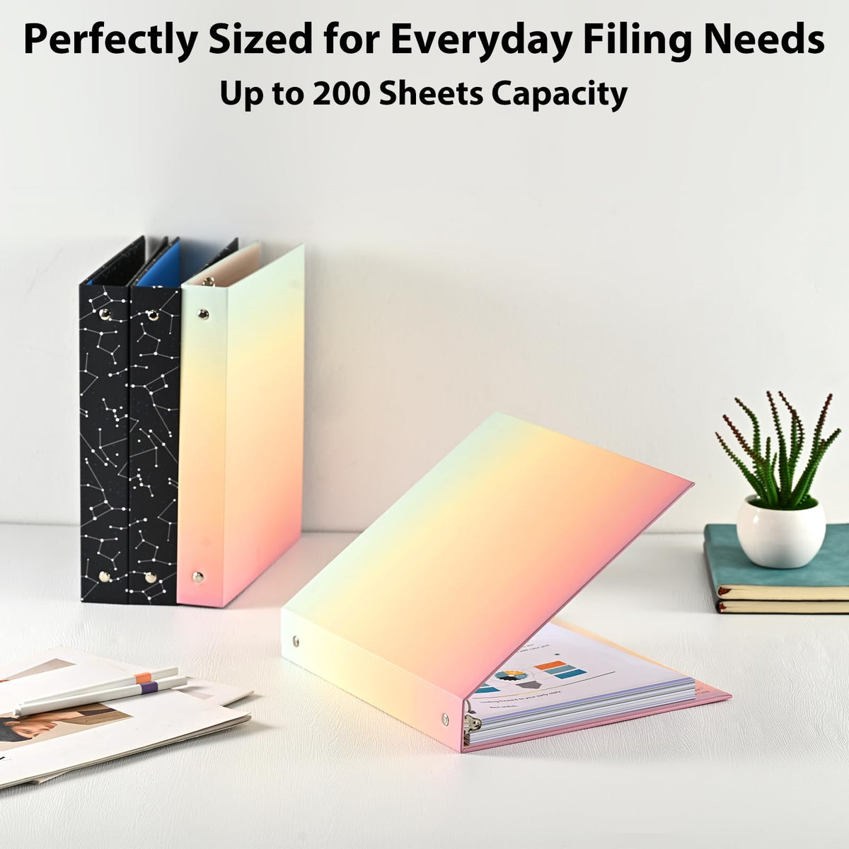 SUIN 1-inch 3-Ring-Binder with Pockets, Decorative Pink Gradient, 1" Cute Round Ring Binder for