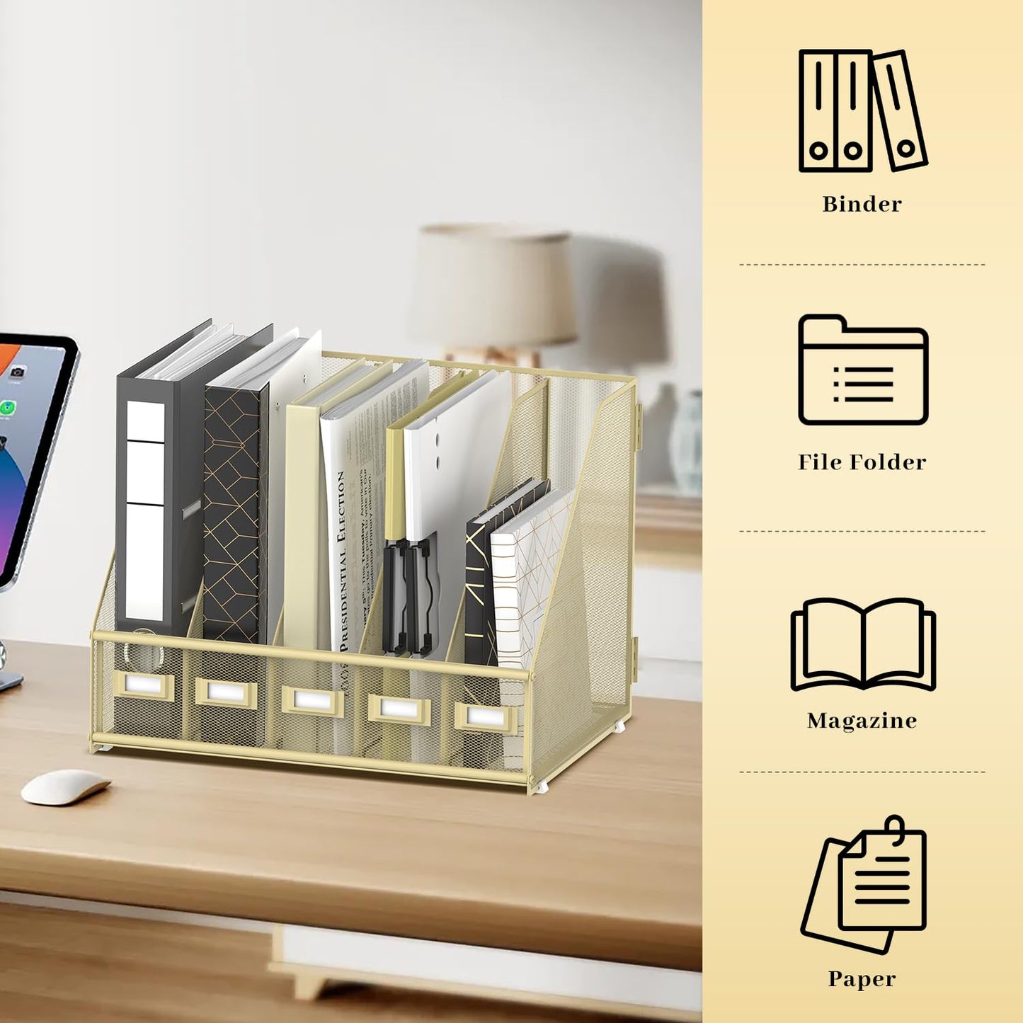 SUPEASY Desk Organizers Metal Desk Magazine File Holder with 5 Vertical Compartments Rack File