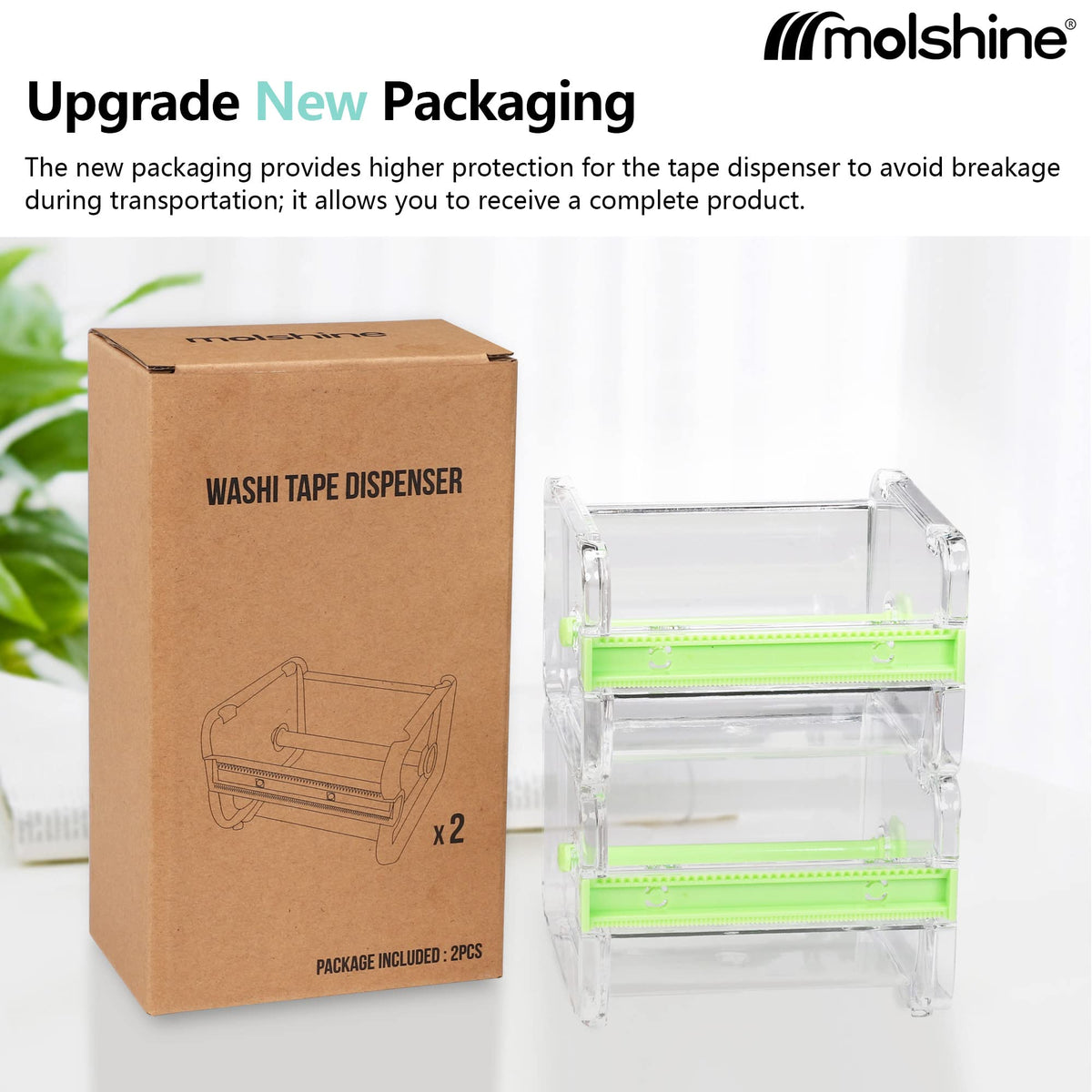 molshine 2 Pack Transparent Desktop Multi Washi Masking Tape Storage Dispenser,Tape Cutter,Tape
