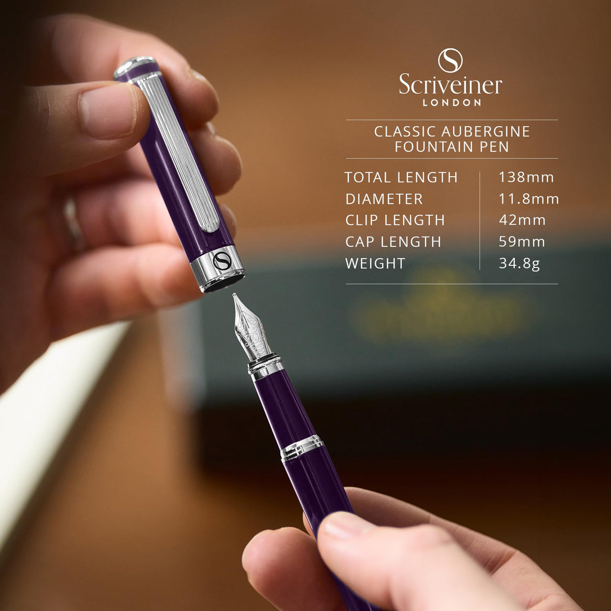 Scriveiner Luxury Fountain Pen - Aubergine, Schmidt Gilded Nib (Fine), Converter, Best Pen Gift Set