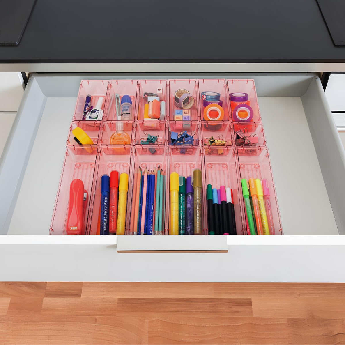 25 Pack Desk Drawer Organizer Set,Vanity and Desk Drawer Storage Bins,Clear Plastic Drawer