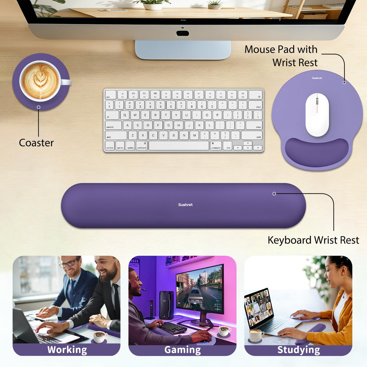 Sushret Mouse Pad and Keyboard Wrist Rest, 3-in-1 Gel Memory Foam Ergonomic Mouse Pad with Wrist