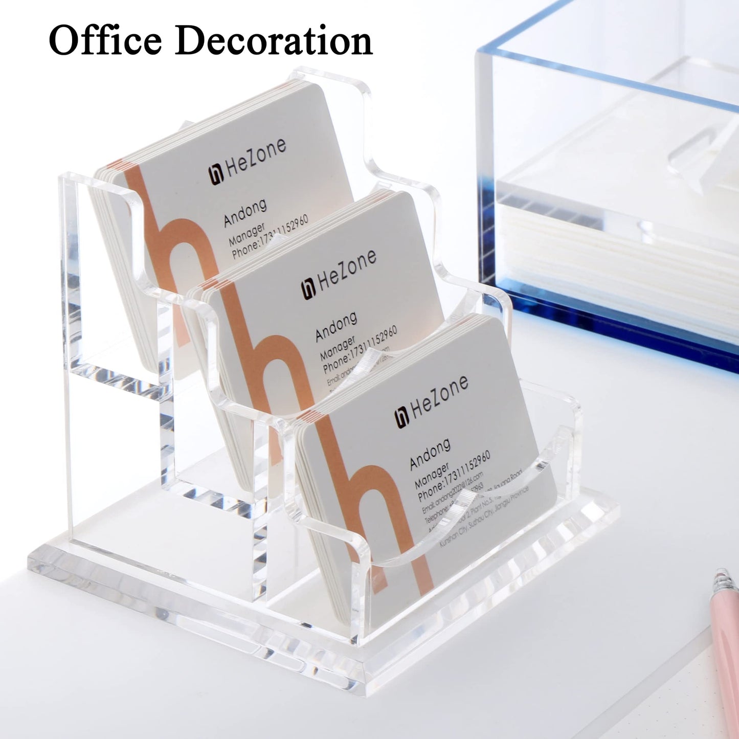 HeZone Business Card Holder for Desk 3 Slots 3 Tier, Clear Acrylic Cards Display Stand, Cards