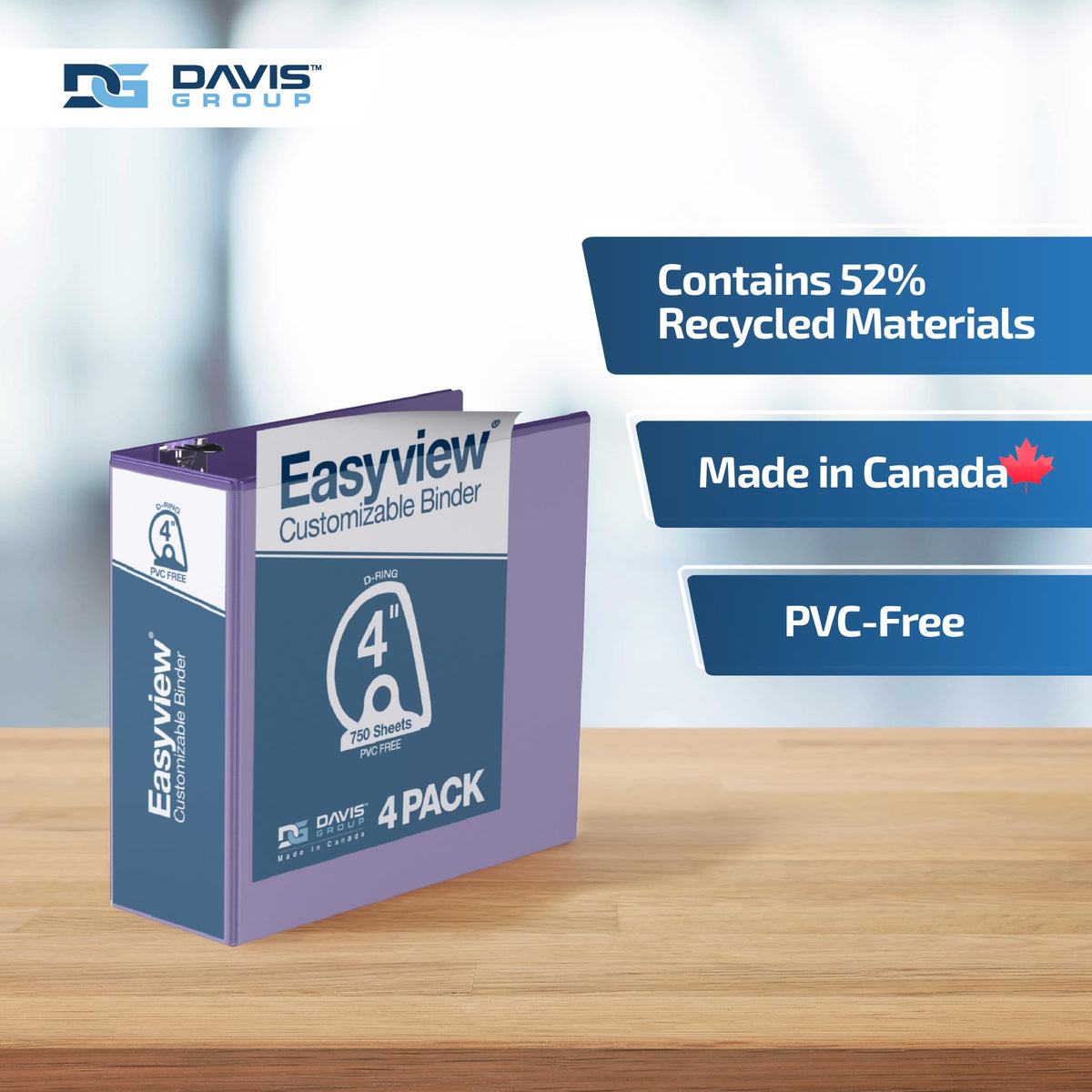 Easyview 3-Ring Binder, Clear-View Cover, 4" D Rings, Purple, 4 Pack