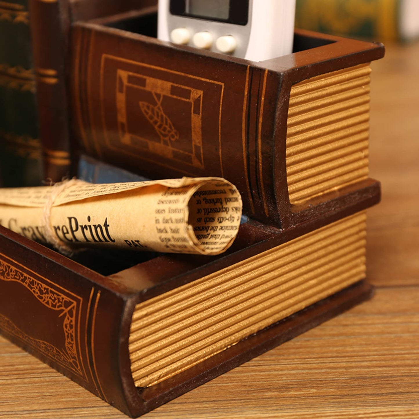 Tosnail Decorative Pen Holder with Storage Compartment, Wooden Pencil Holder and Organizer, Antique