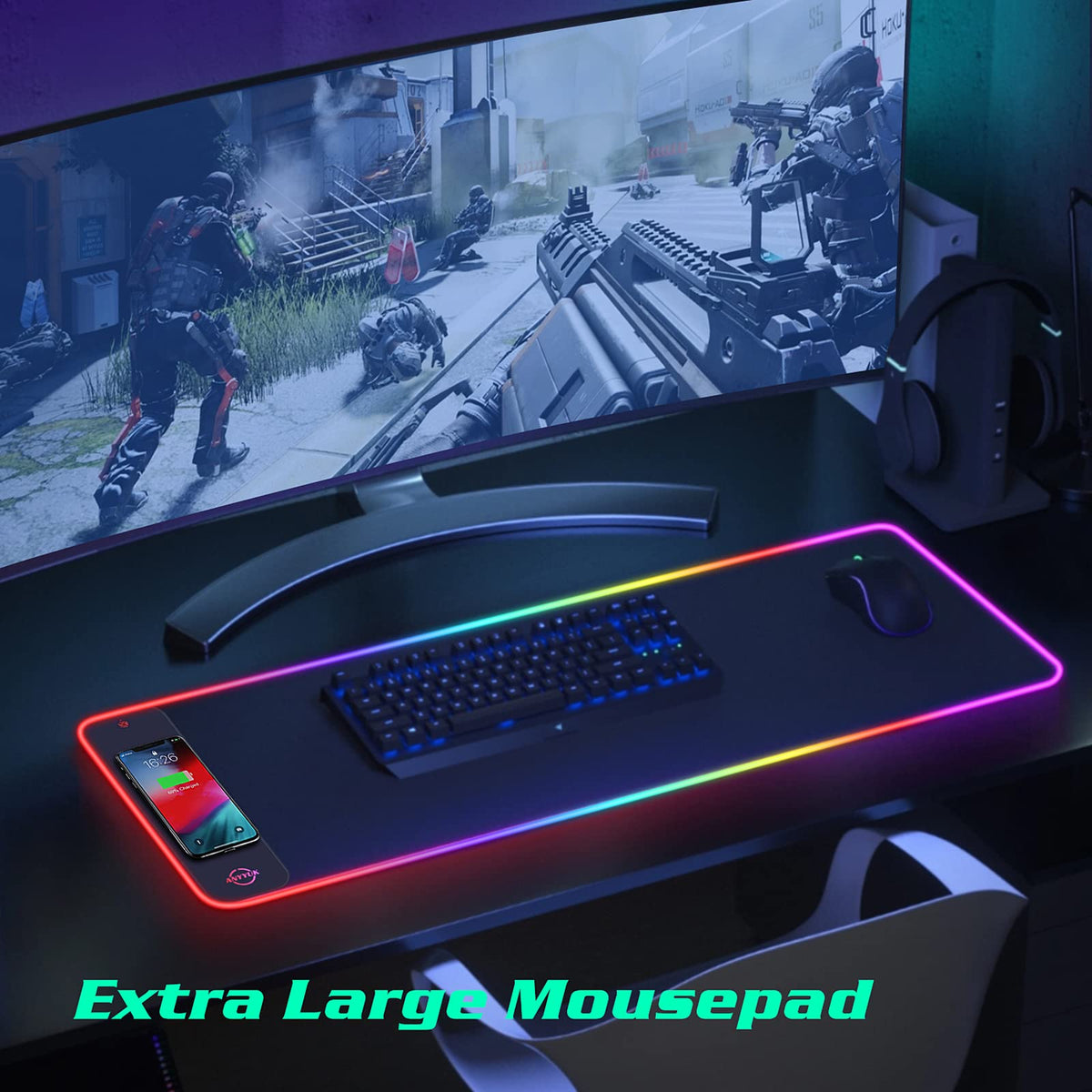 RGB LED Mouse Pad with 15W Wireless Charger Gaming Mouse Pad with 10 Light Modes, Extra Large