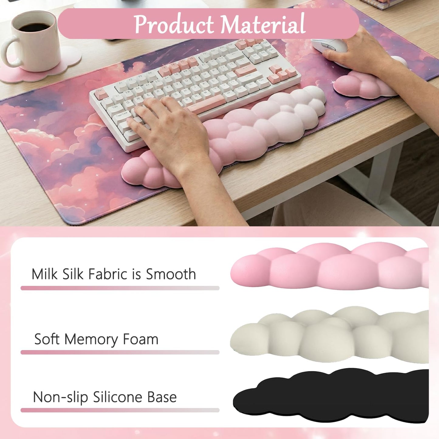 Pink Cloud Large Mouse Pad for Desk Cloud Keyboard Wrist Rest 4PCS Extended Cloud Desk Mat Pad Set