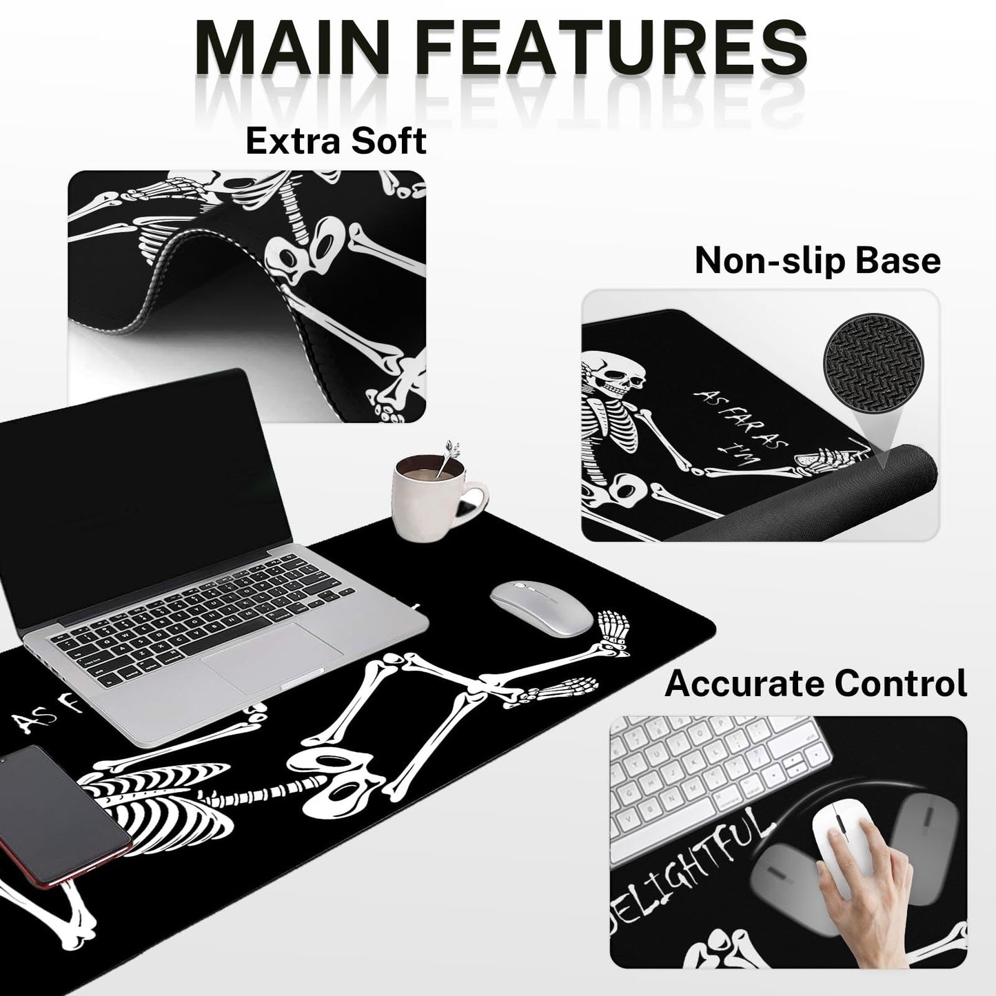 Britimes Keyboard Mouse Pad Set, 4 in 1 Desk Mat Set, Skull Skeleton Black