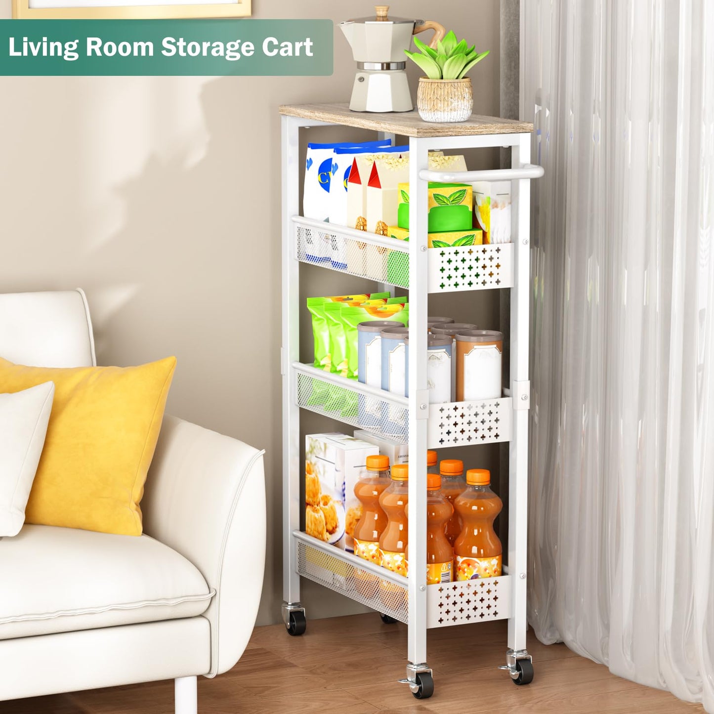 Vivihomety 4-Tier Slim Utility Rolling Laundry Cart with Wheels, Metal