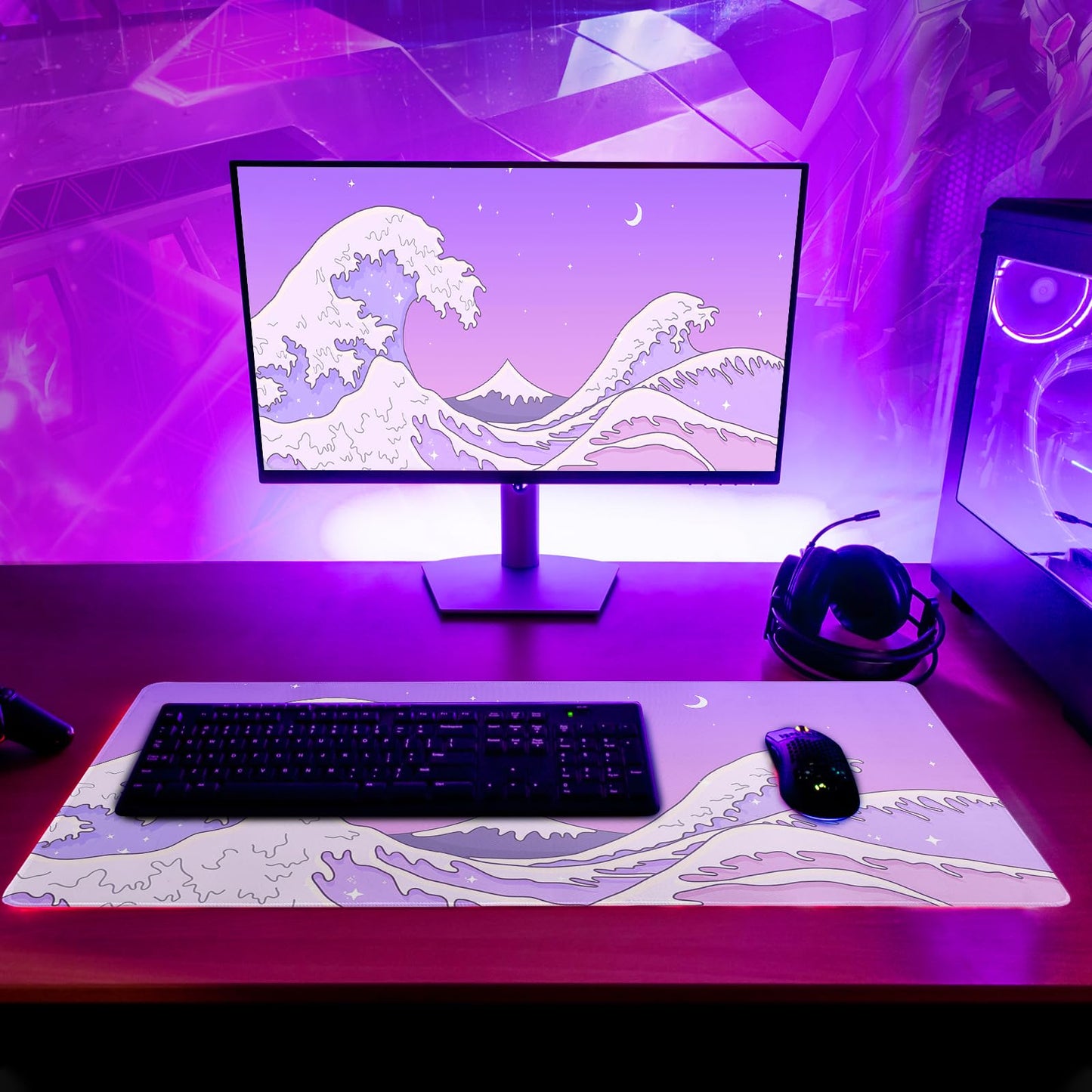 Purple Japanese Sea Wave Gaming Mouse Pad - Large Desk Mat with Non-Slip Base and Stitched Edge for