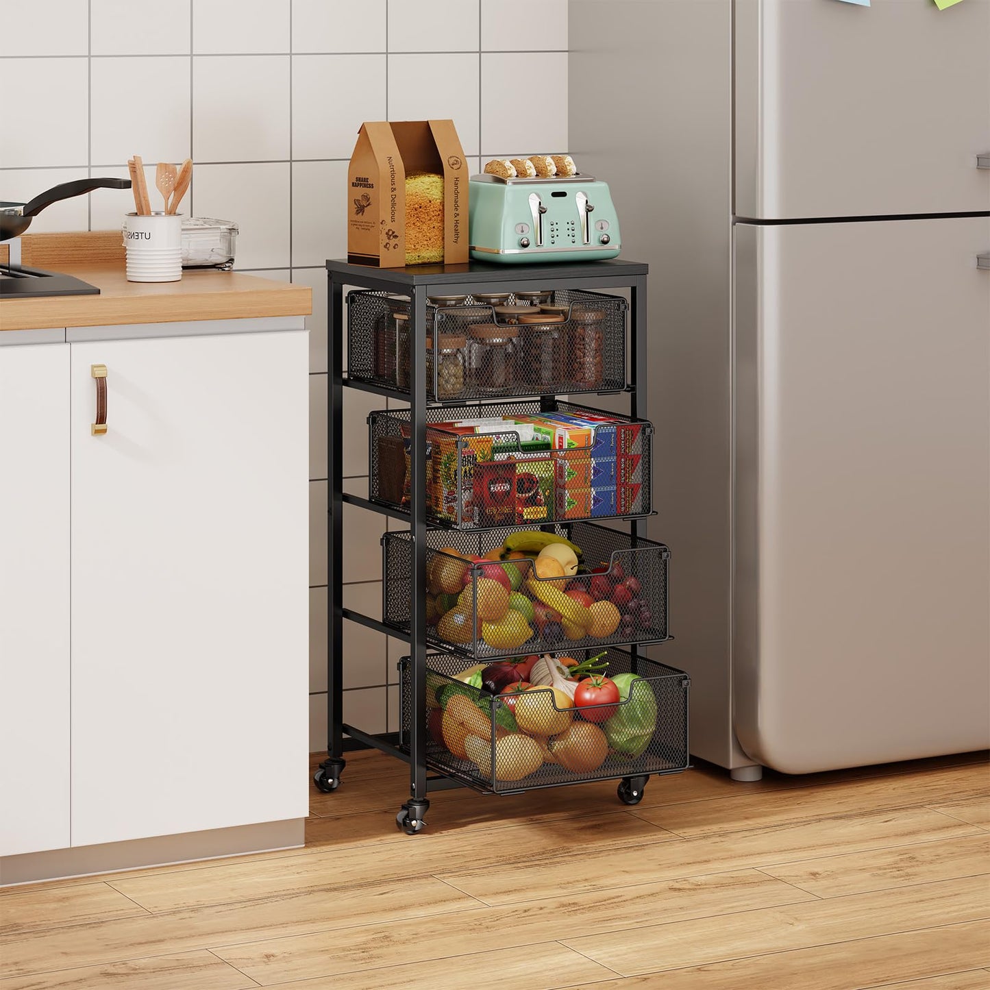 4-Tier Fruit Vegetable Storage Cart - Kitchen Organizer and Storage Cart with Wheels, Wooden Top