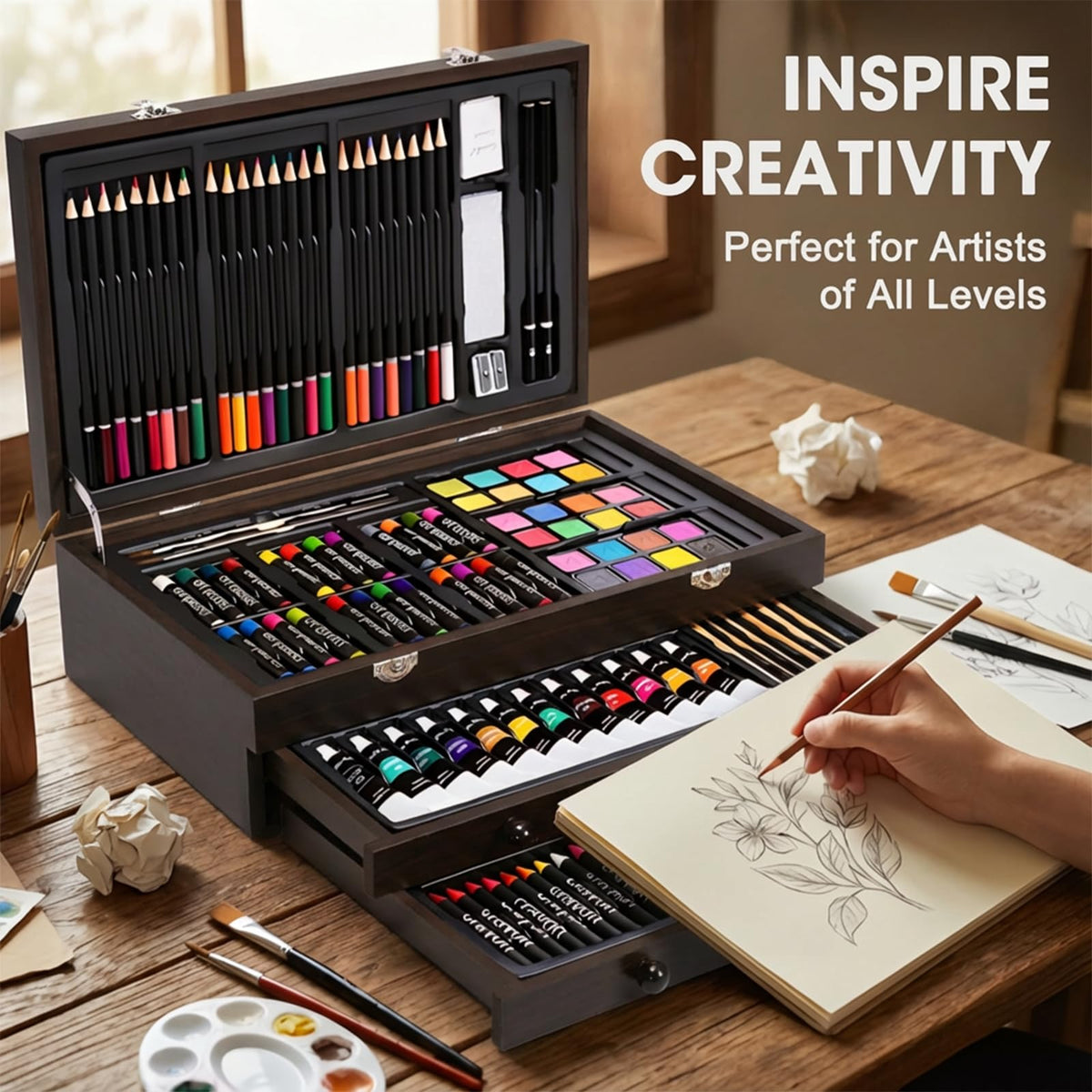 175-Pack Deluxe Wooden Art Set Drawing Painting Kit with 2 Drawing Pads, Acrylic Paints, Colored
