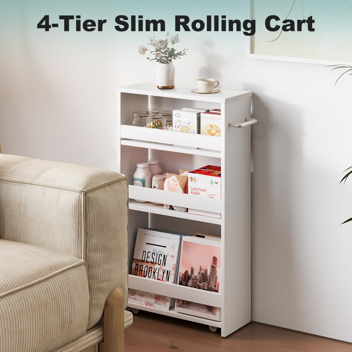 MARTY Slim Rolling Storage Cart, Wood Utility Kitchen Bathroom Laundry Cart
